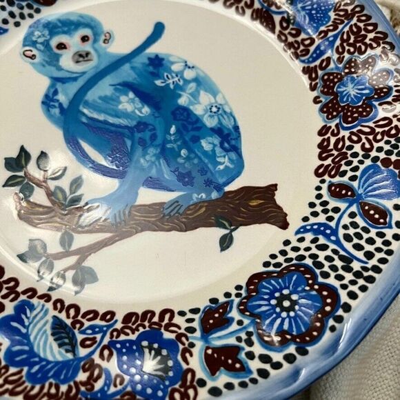 ANTHROPOLOGIE Nathalie Lete Blue Monkey Floral Collector 10" Dinner Plate Art - Picture 3 of 6